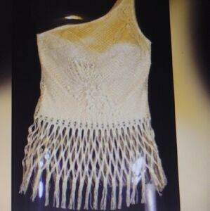 "Charlotte Russe"Elegant One-Shoulder Gold Vintage Top With Crochet Lace(S)